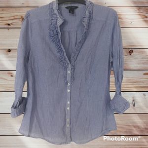 White House Black Market Blouse Ruffle Front Button Up Deep V-Neck Blue Stripe 1